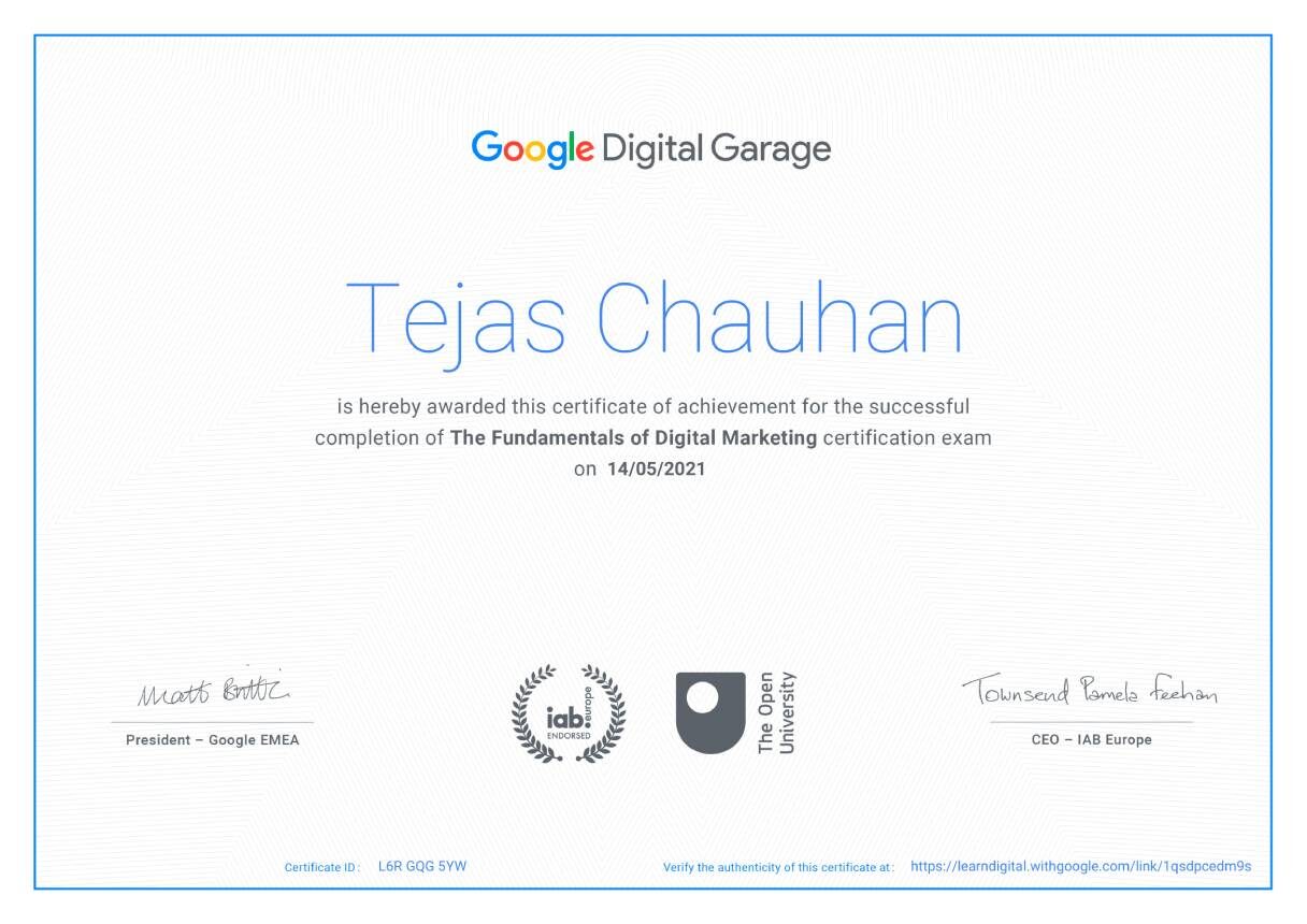 Tejas Chauhan Digital Marketing certificate
