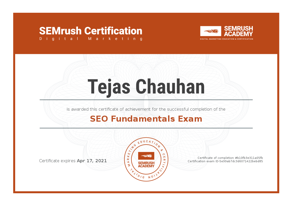 SEO Fundamentals exam certificate